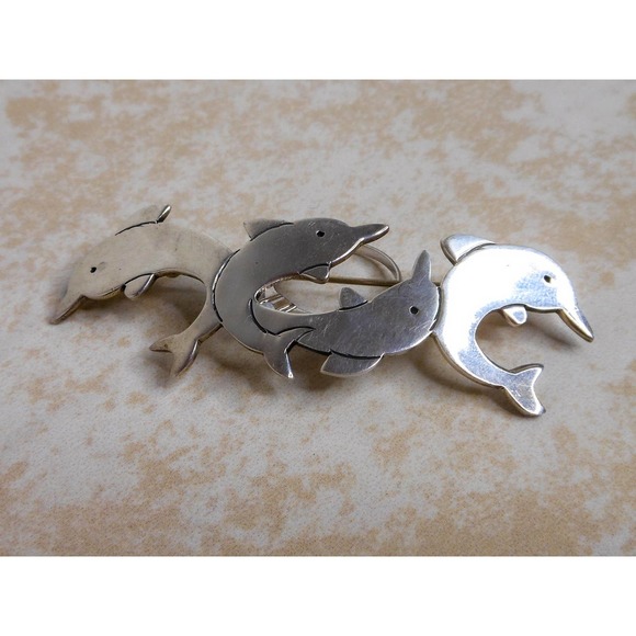 Vintage Mexico Sterling Silver Dolphins Brooch Pin 14 Grams - Picture 6 of 8
